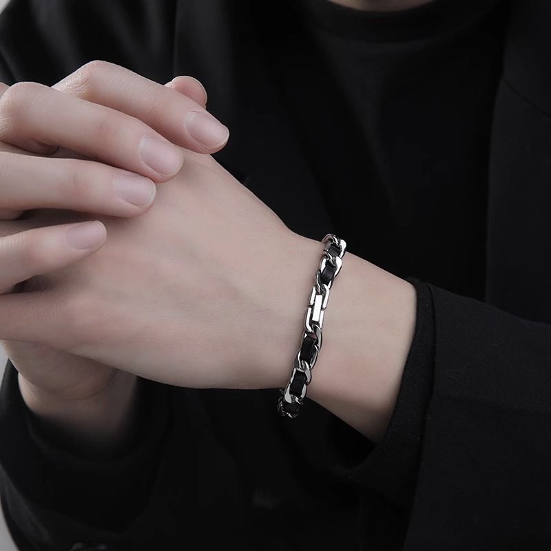 Men's Titanium Steel Bracelet(19cm)- Black and Silver-Tone Chain Link Wrist view 4