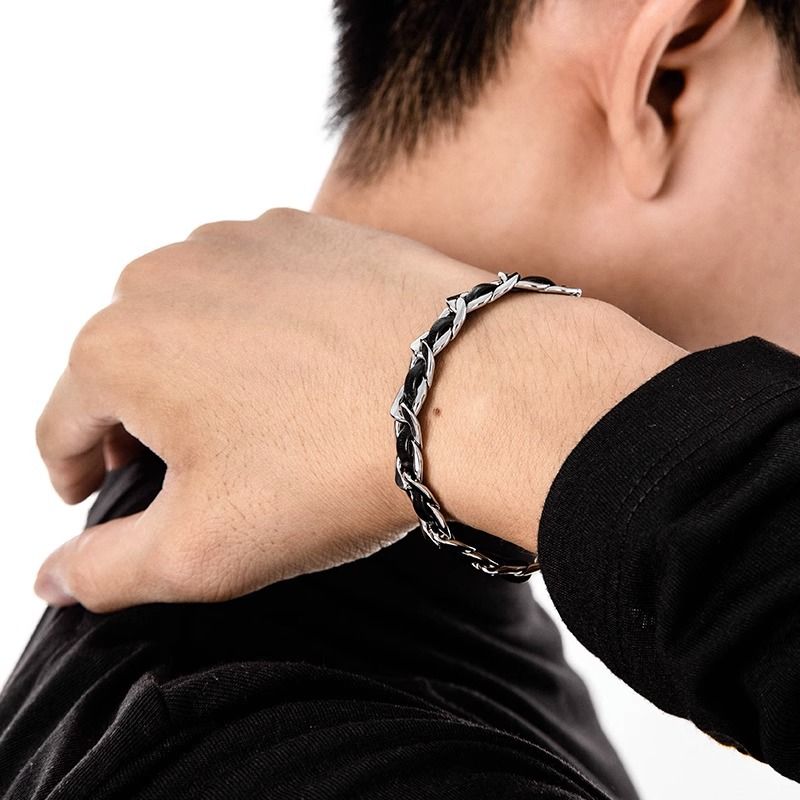 Men's Titanium Steel Bracelet(21cm)- Black and Silver-Tone Chain Link Wrist view 3