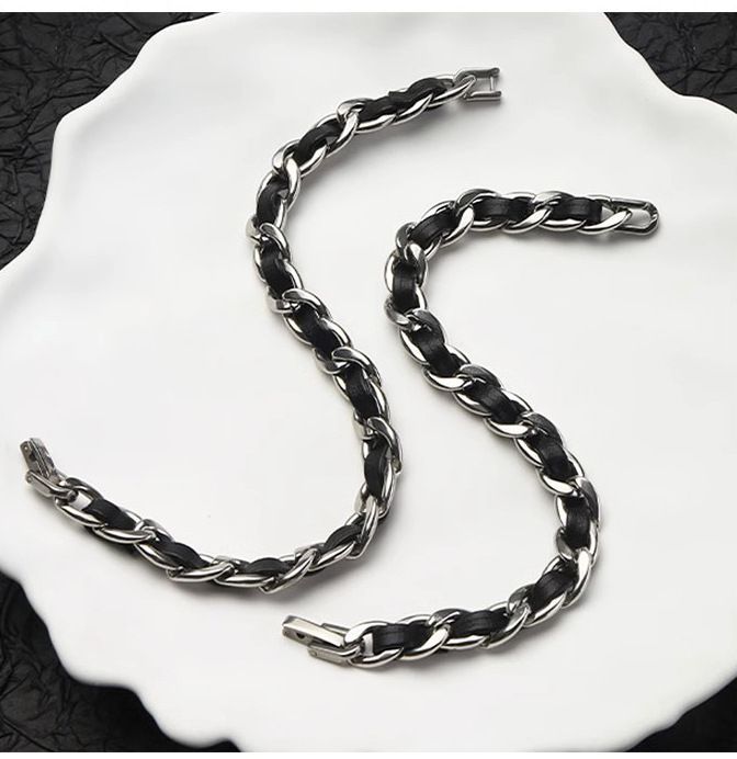 Men's Titanium Steel Bracelet(21cm)- Black and Silver-Tone Chain Link Wrist view 5