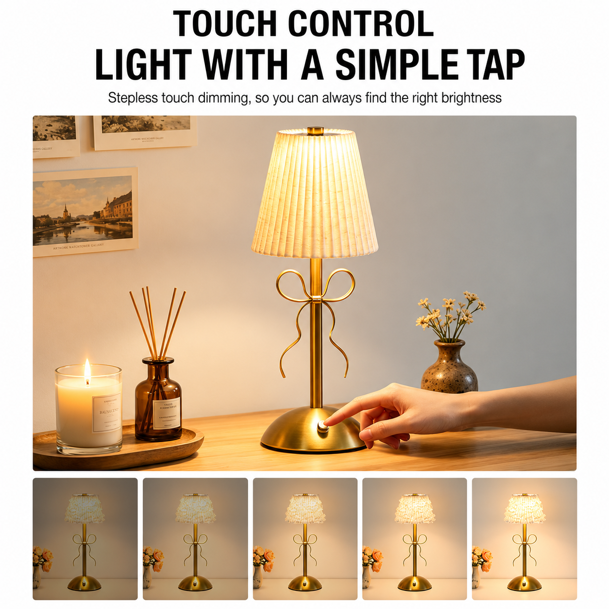 Creative Rechargeable Bow Table Lamp with Pleated Fabric Lampshade - Three view 4