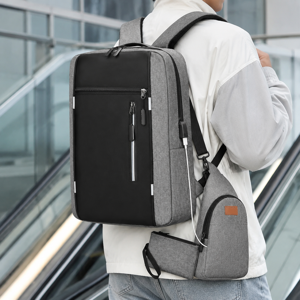 3-Piece Grey and Black Set Large Capacity Waterproof Business Travel Backpack view 5
