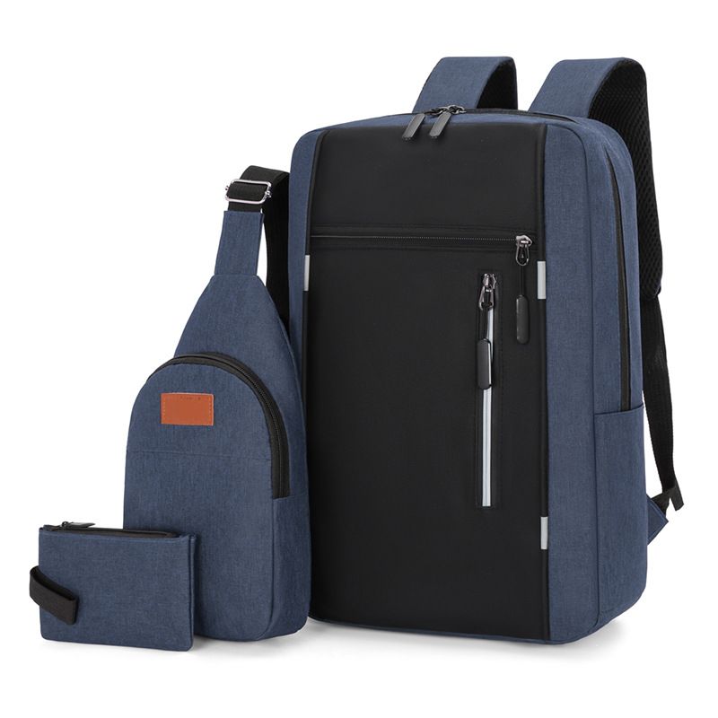 3-Piece Blue and Black Set Large Capacity Waterproof Business Travel Backpack