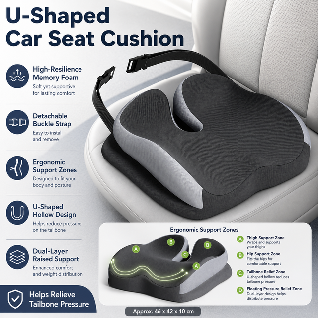 Black Ergonomic U-Shaped Double-Layer Raised Car Seat Cushion with Breathable