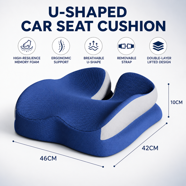 Blue Ergonomic U-Shaped Double-Layer Raised Car Seat Cushion with Breathable