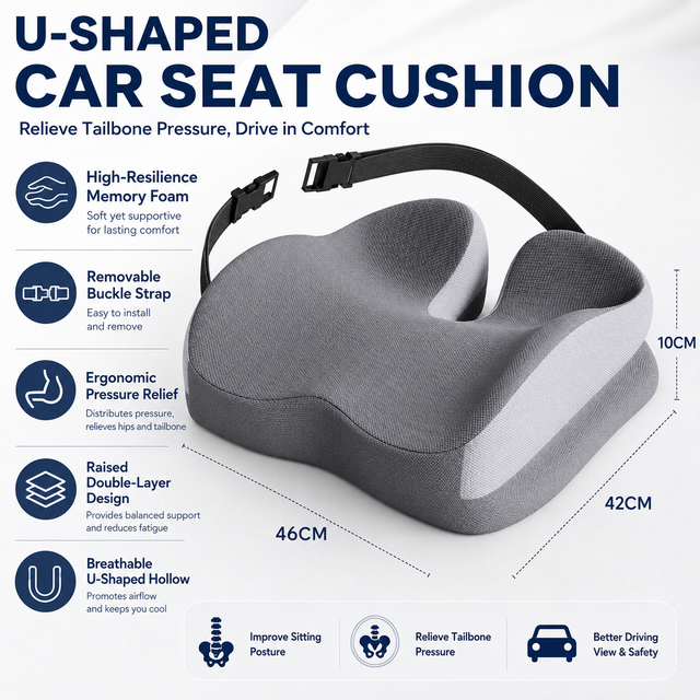 Grey Ergonomic U-Shaped Double-Layer Raised Car Seat Cushion with Breathable