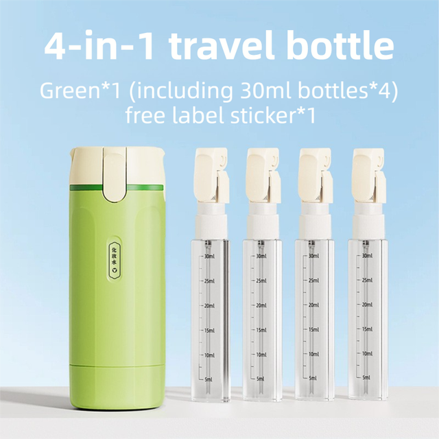 4-in-1 Green Compact Travel Cosmetic Dispenser Bottle - 4 x 30ml Refillable