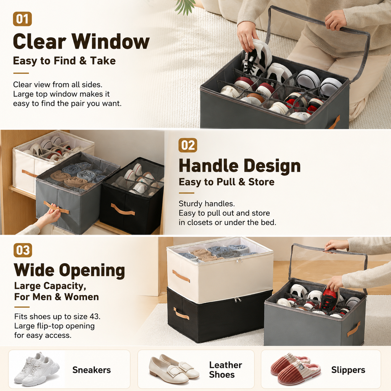 Black Foldable Shoe Storage Box with Dustproof Clear Top Window view 2