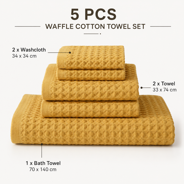 5 Piece Yellow Waffle Weave 100% Cotton Towel Set - Quick Dry Absorbent Bath Towel