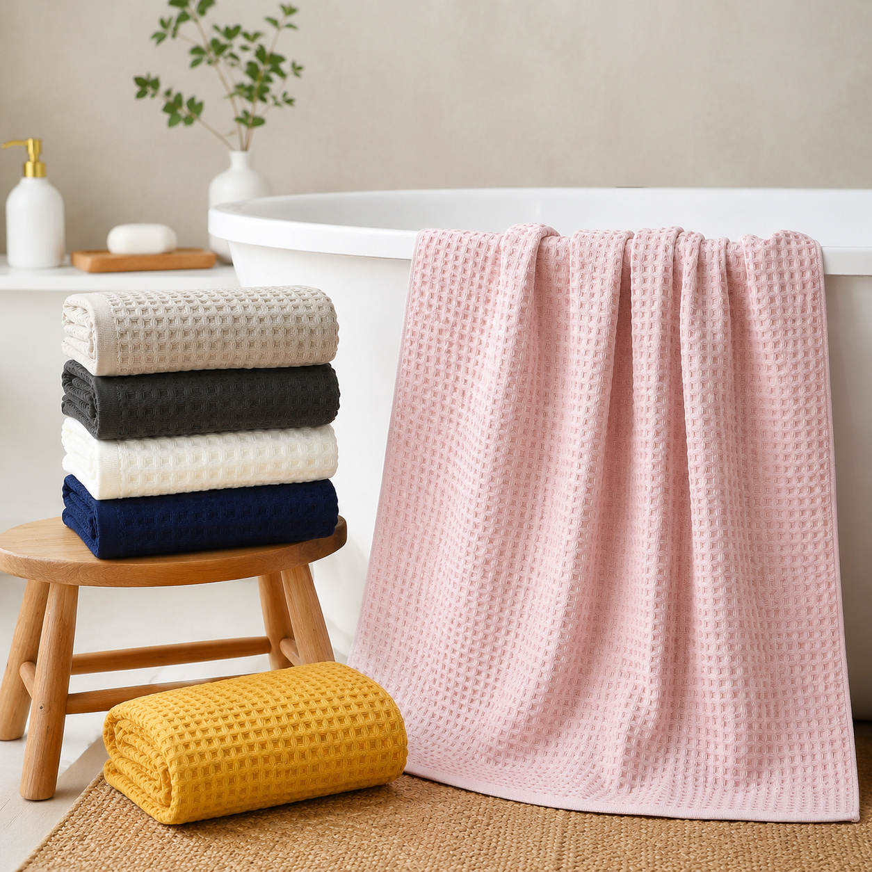 5 Piece Yellow Waffle Weave 100% Cotton Towel Set - Quick Dry Absorbent Bath Towel view 4