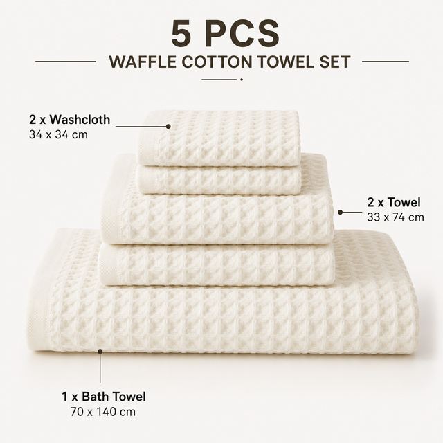 5 Piece White Waffle Weave 100% Cotton Towel Set - Quick Dry Absorbent Bath Towel