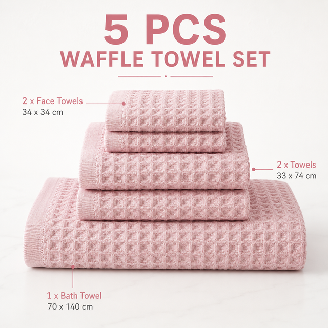 5 Piece Pink Waffle Weave 100% Cotton Towel Set - Quick Dry Absorbent Bath Towel