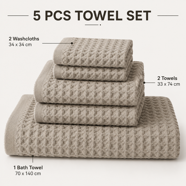 5 Piece Grey Waffle Weave 100% Cotton Towel Set - Quick Dry Absorbent Bath Towel