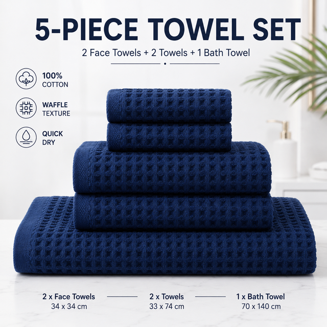 5 Piece Dark Blue Waffle Weave 100% Cotton Towel Set - Quick Dry Absorbent