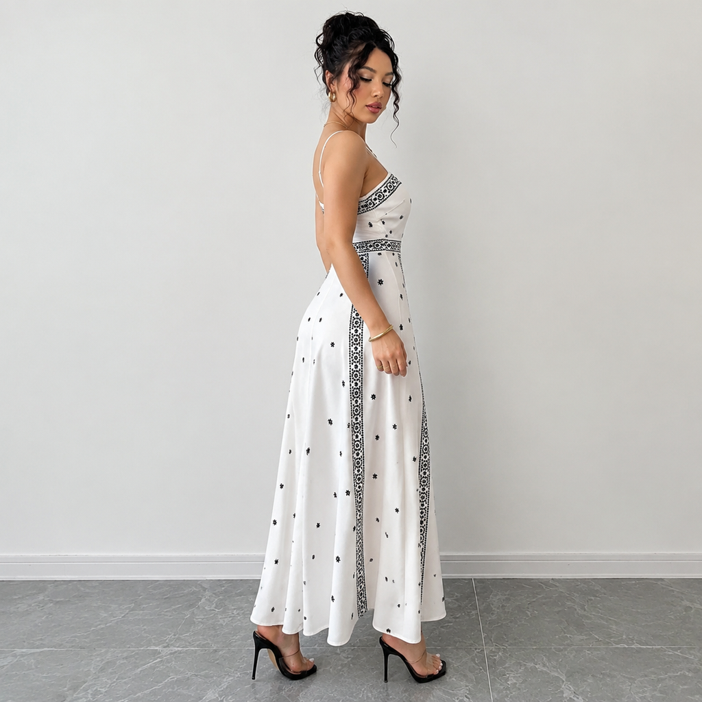 Women's White Boho Print Maxi Dress M Size - Stretch Polyester Fabric view 5