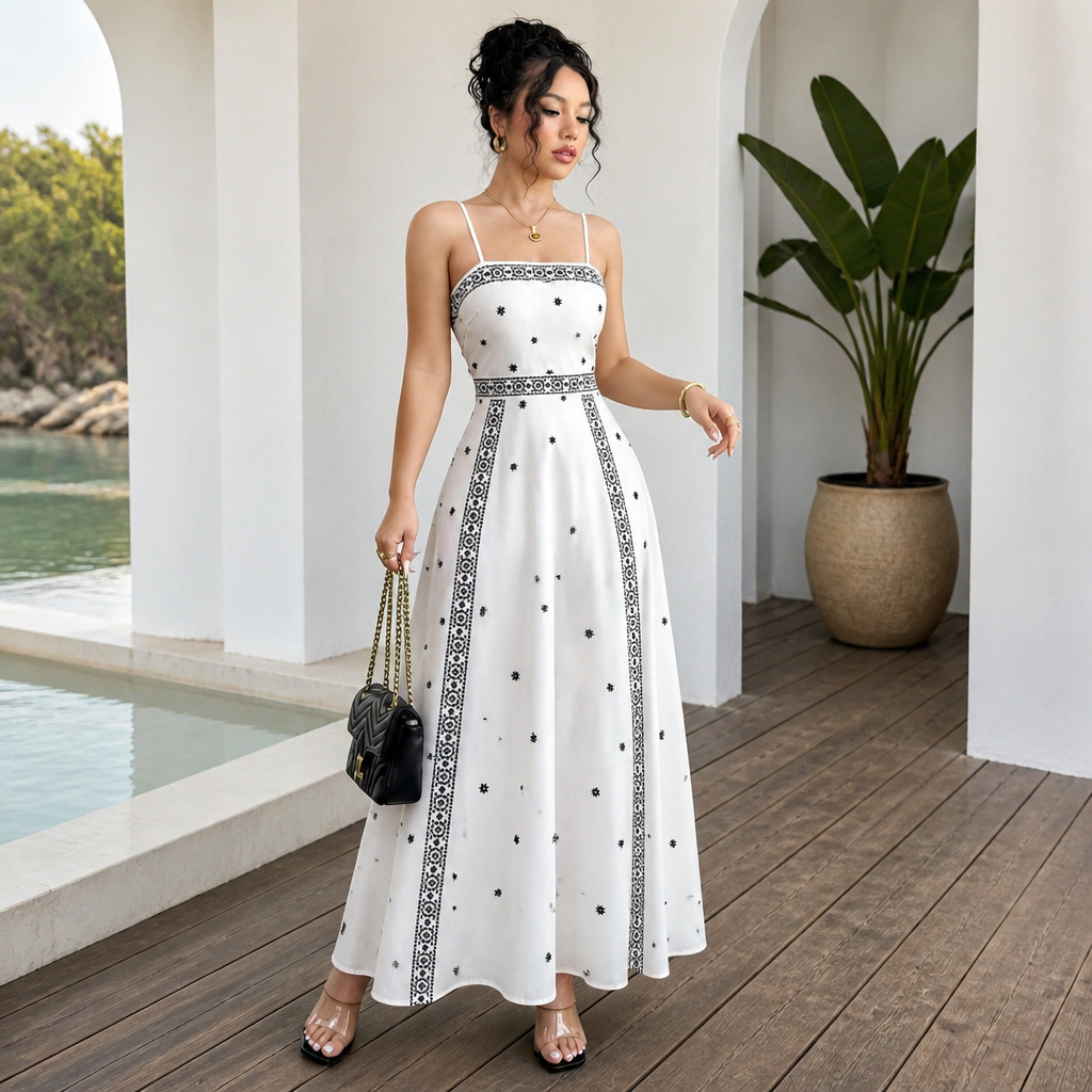 Women's White Boho Print Maxi Dress L Size - Stretch Polyester Fabric