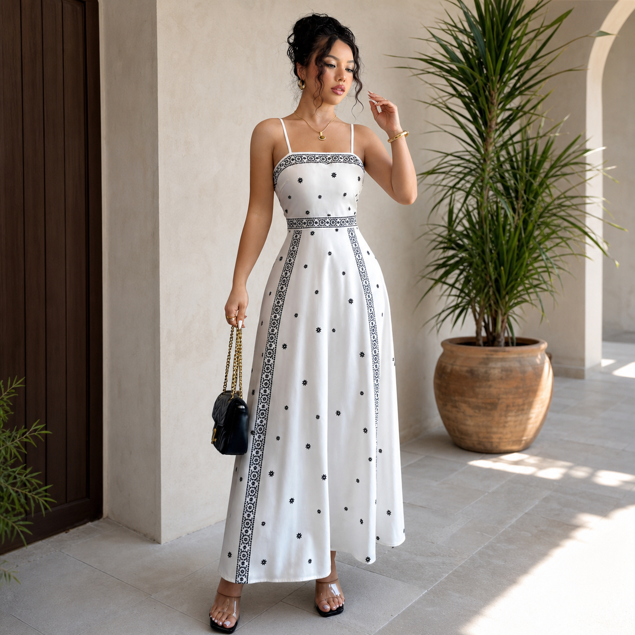Women's White Boho Print Maxi Dress 2XL Size - Stretch Polyester Fabric view 4