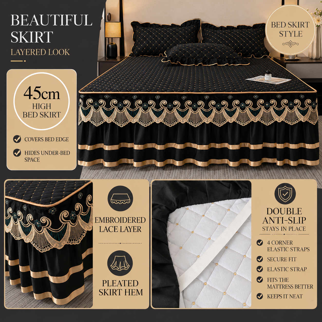 Black and Gold European Soft Brushed Quilted Bed Skirt + 2 Pillowcases Set view 3