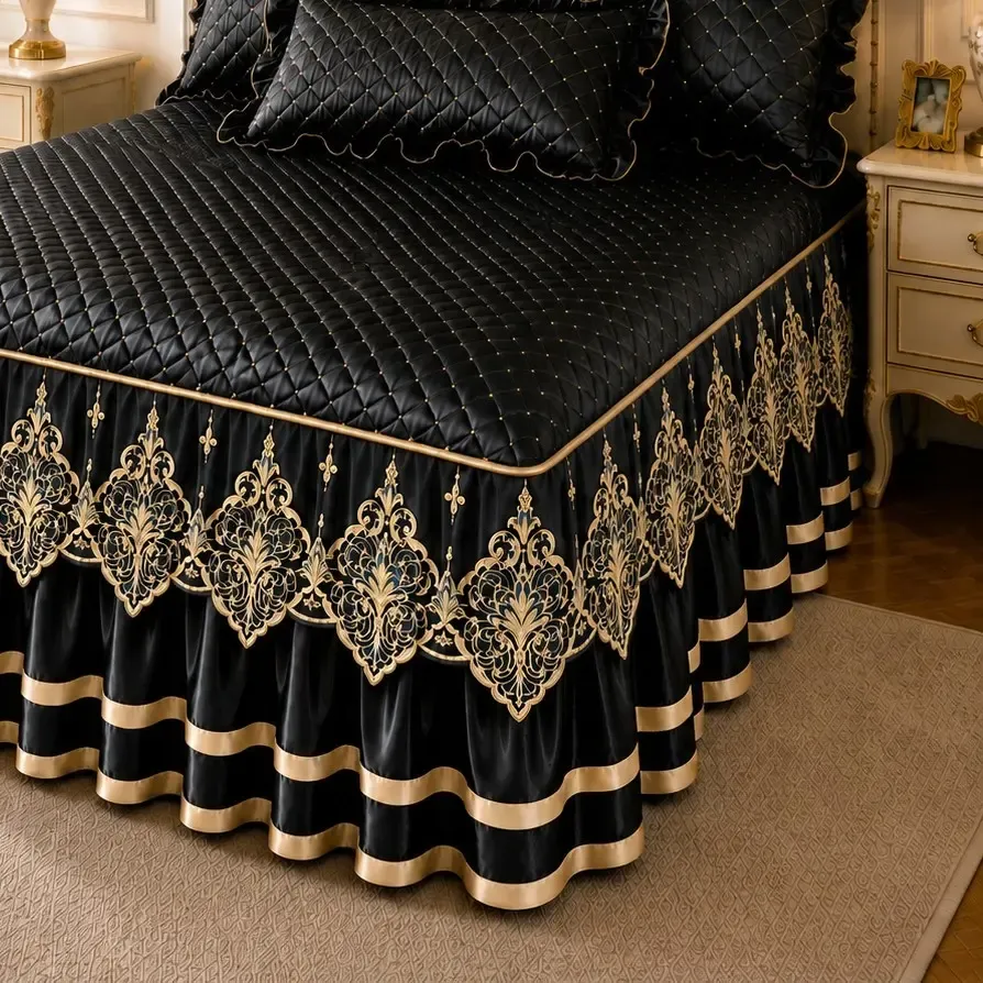 Blue and Gold European Soft Brushed Quilted Bed Skirt + 2 Pillowcases Set view 4