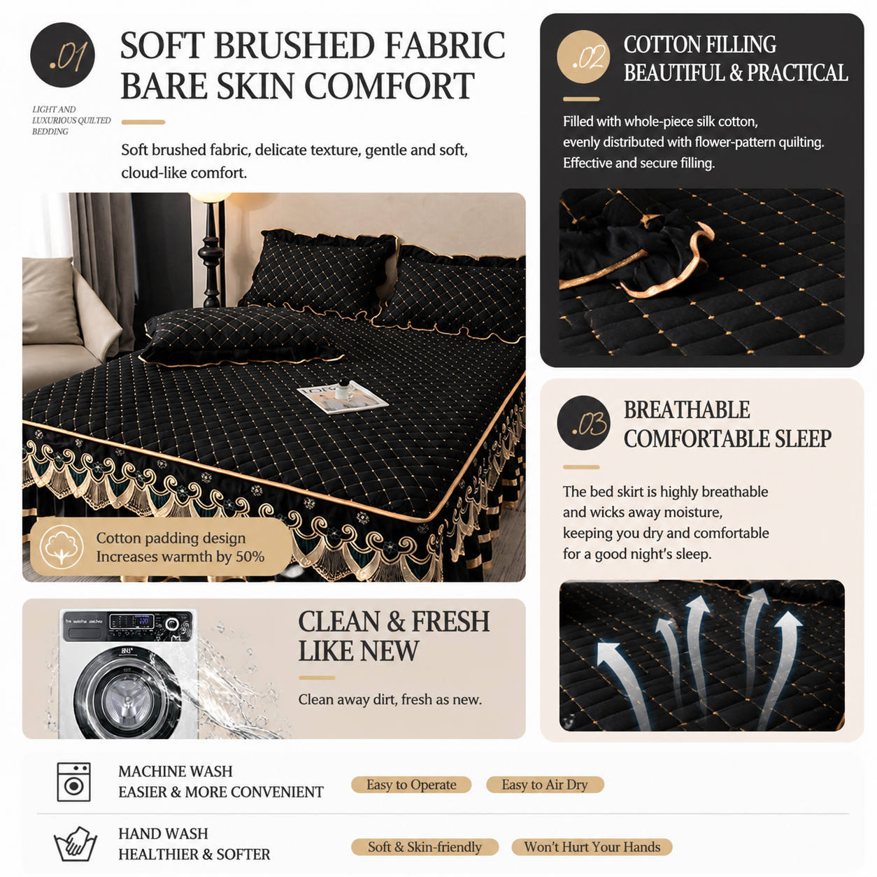 Purple and Gold European Soft Brushed Quilted Bed Skirt + 2 Pillowcases Set view 2