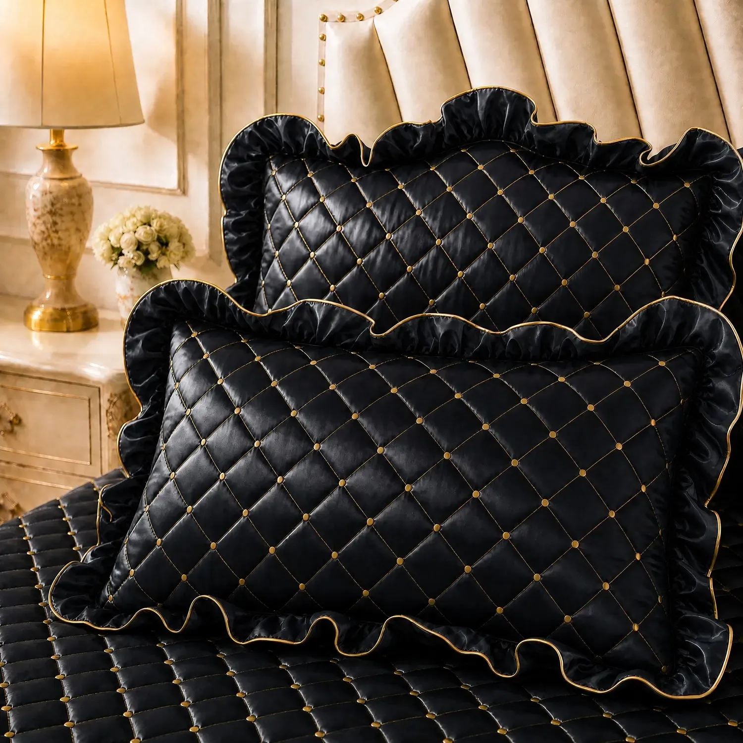 Green and Gold European Soft Brushed Quilted Bed Skirt + 2 Pillowcases Set view 5