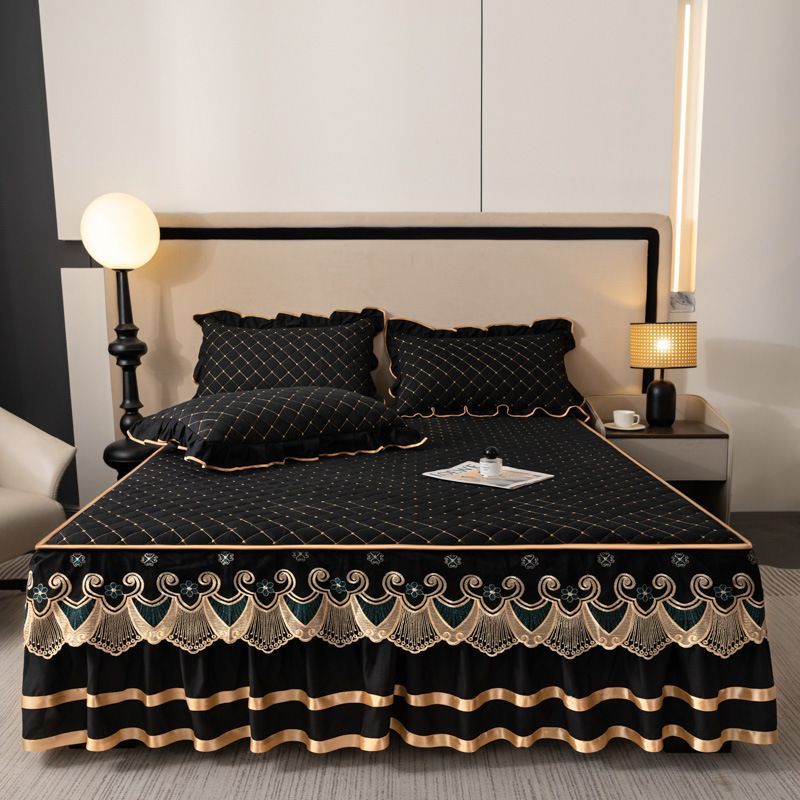 Grey and Gold European Soft Brushed Quilted Bed Skirt + 2 Pillowcases Set