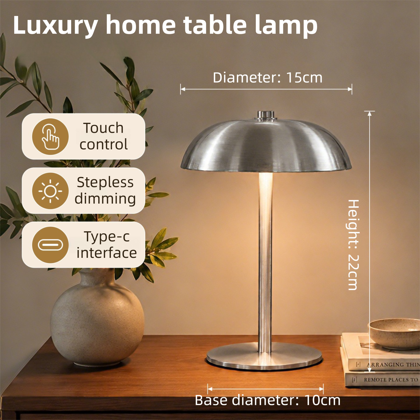 Silver Metal Mushroom Table Lamp with Top Touch Control