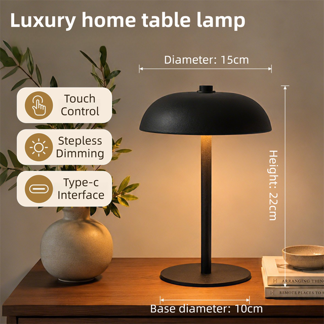 Black Metal Mushroom Table Lamp with Top Touch Control
