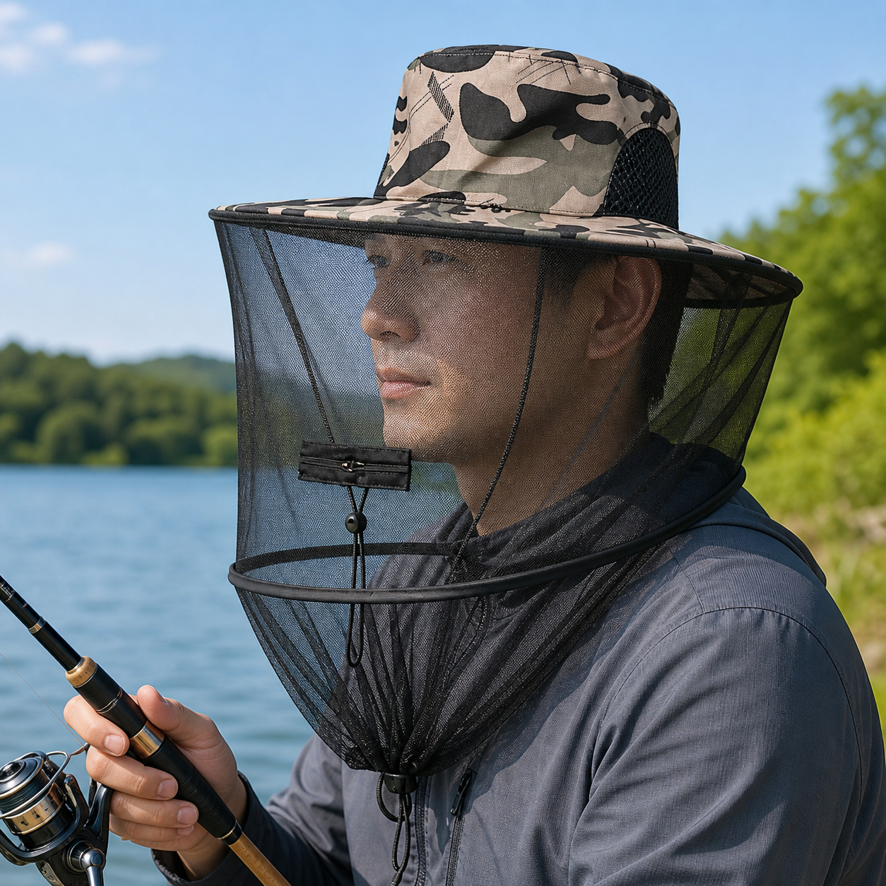 Camouflage-1 Foldable Mosquito Net Fishing Hat with Storage Bag - Wide Brim view 5