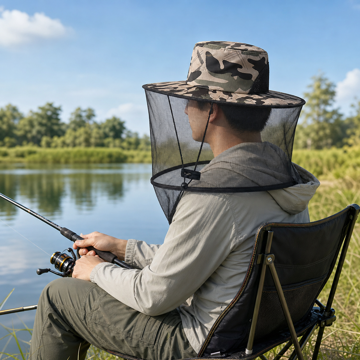 Camouflage-3 Foldable Mosquito Net Fishing Hat with Storage Bag - Wide Brim view 6