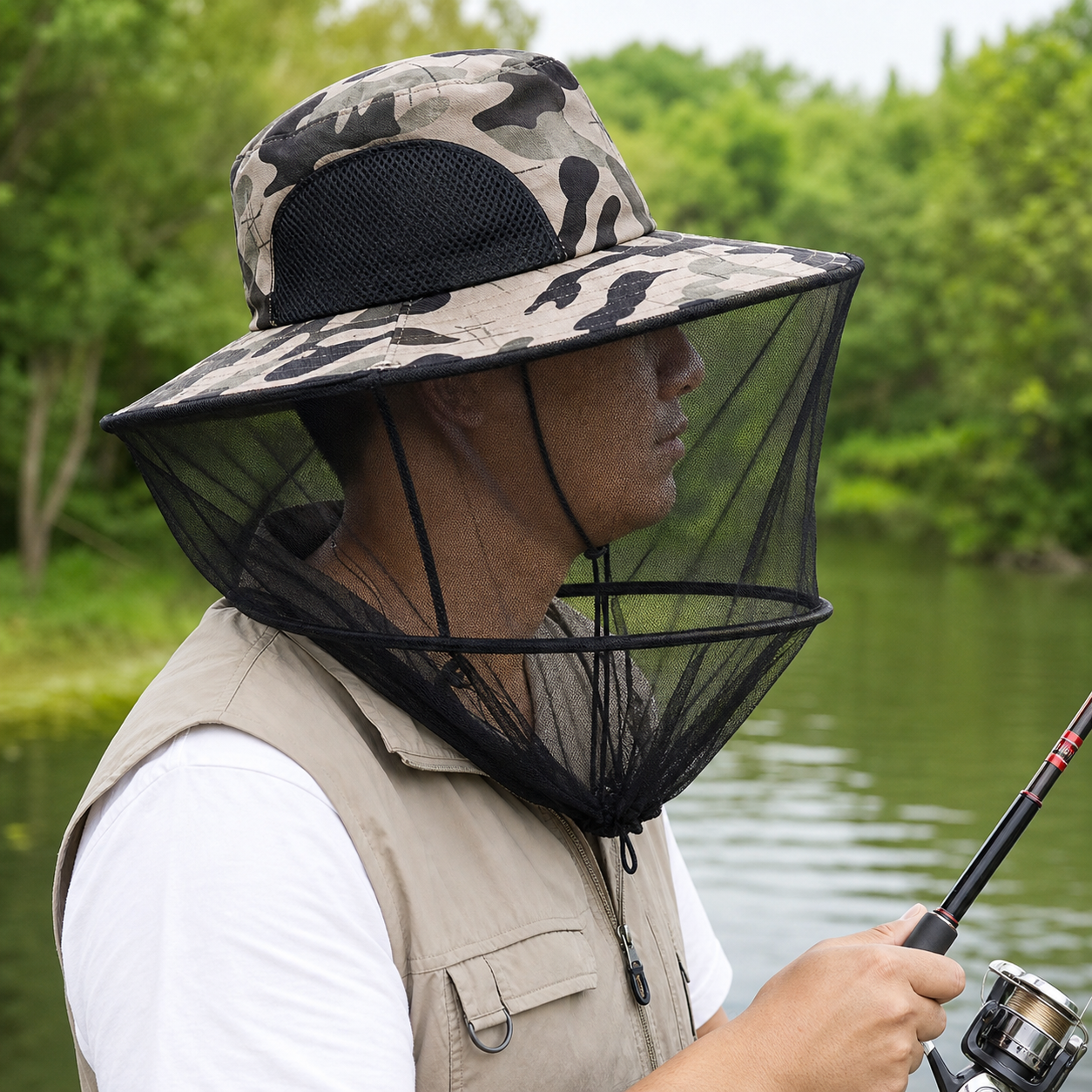 Camouflage-4 Foldable Mosquito Net Fishing Hat with Storage Bag - Wide Brim view 7