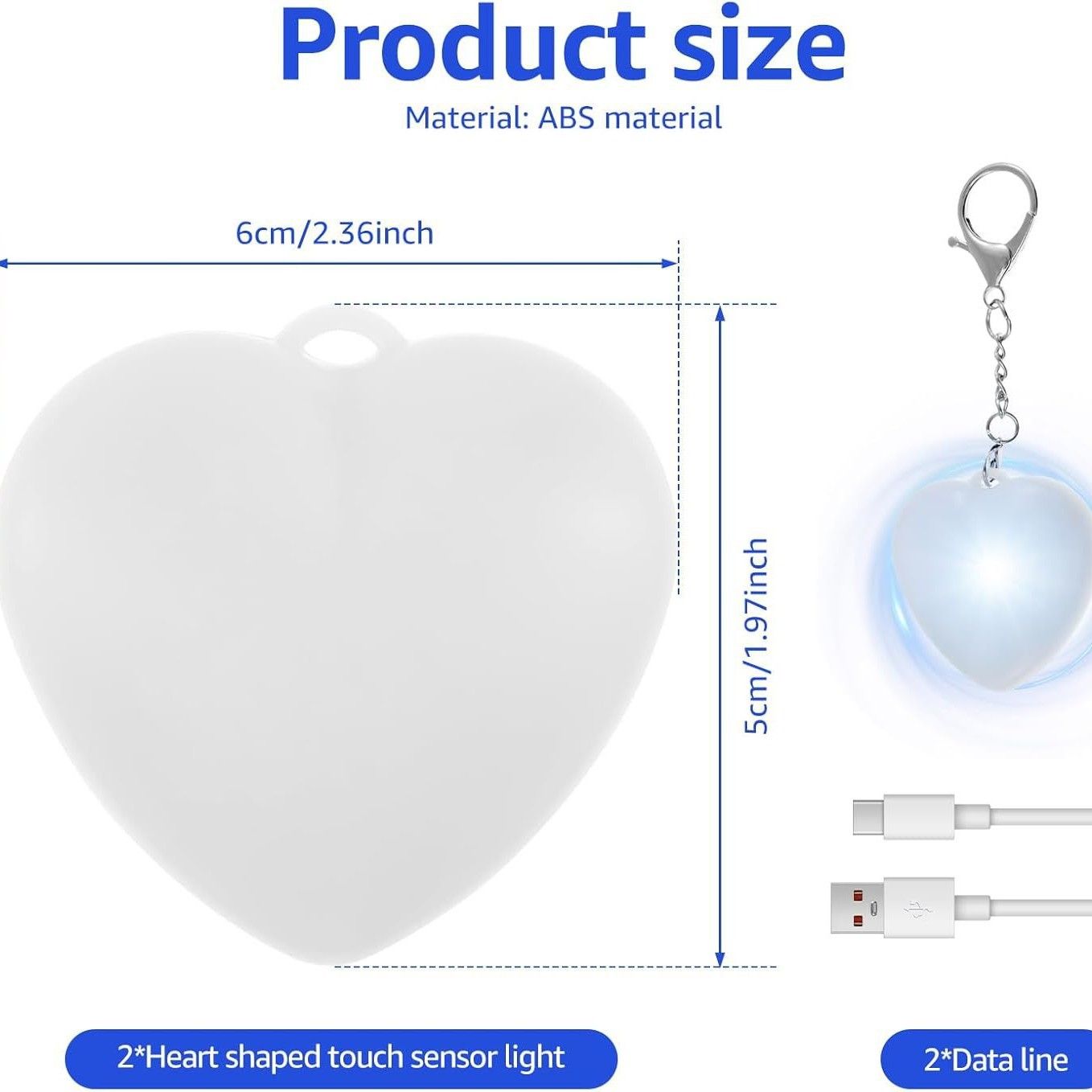 2 Pack Heart Shape Touch Night Light Keychain - Mini White Light Bag Charms view 6