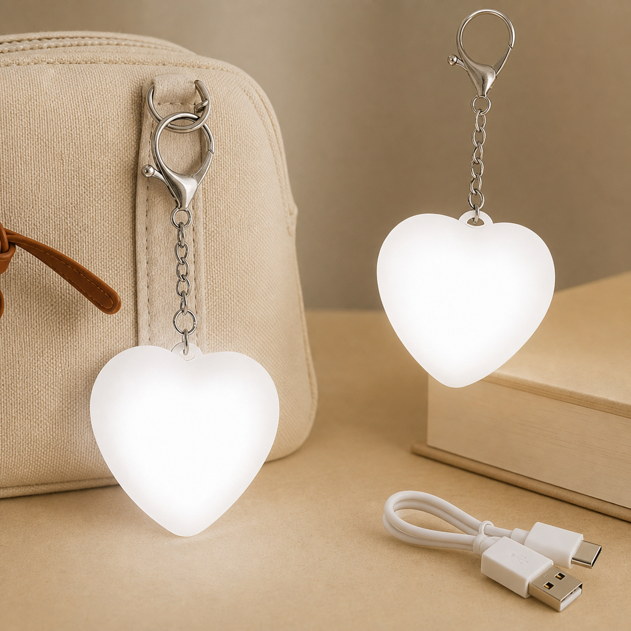 2 Pack Heart Shape Touch Night Light Keychain - Mini White Light Bag Charms view 7