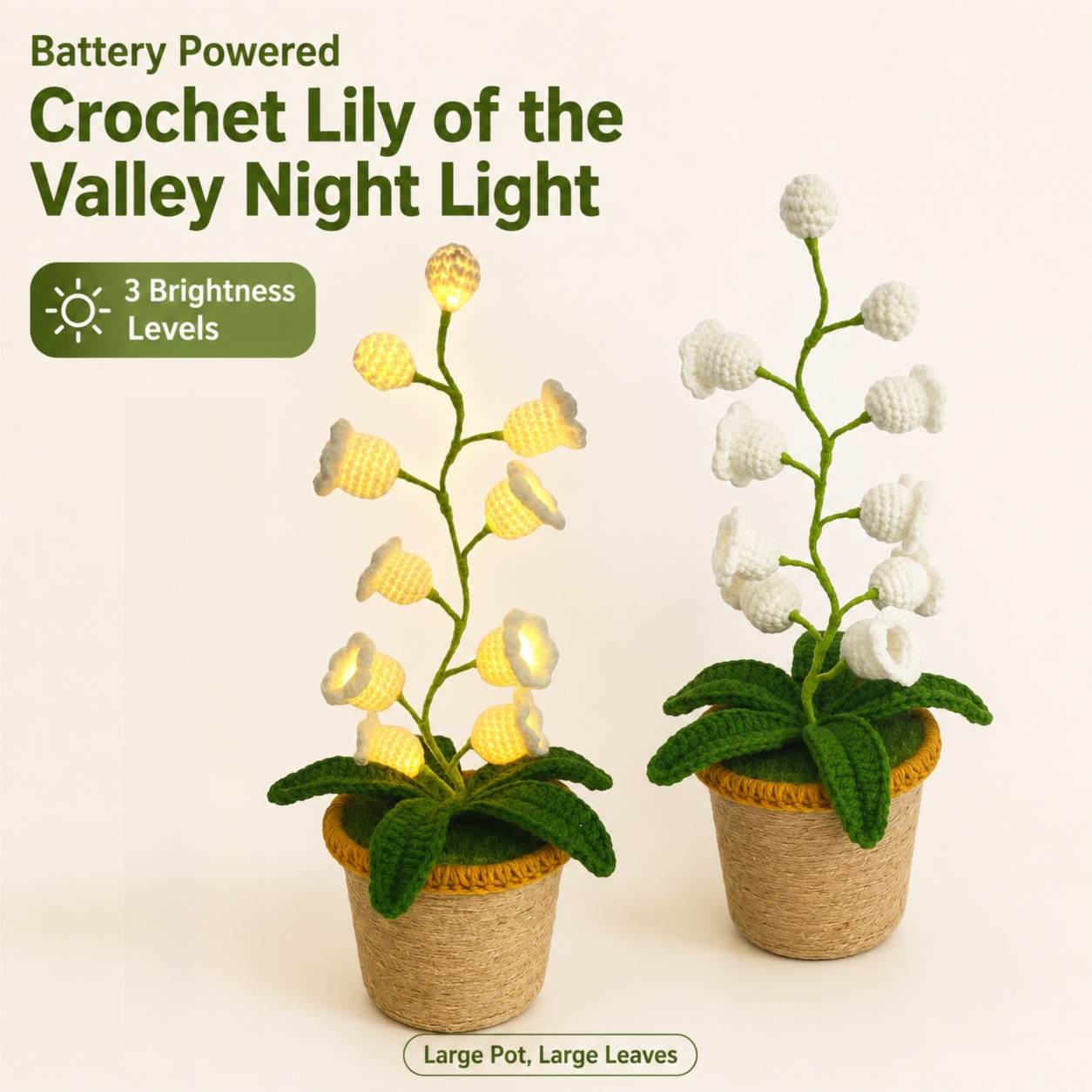 White Crochet Single Lily of the Valley Night Light - Handmade Cotton Yarn LED