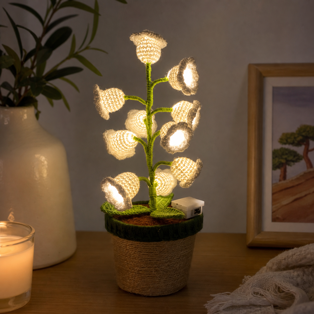 White Crochet Single Lily of the Valley Night Light - Handmade Cotton Yarn LED view 4