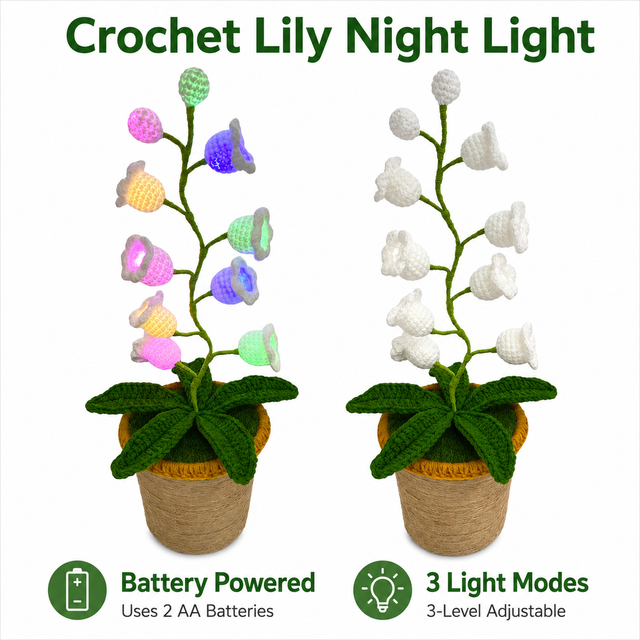 White Crochet Single Lily of the Valley Night Light - Handmade Cotton Yarn LED