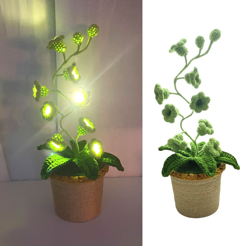 Green Crochet Single Lily of the Valley Night Light - Handmade Cotton Yarn LED