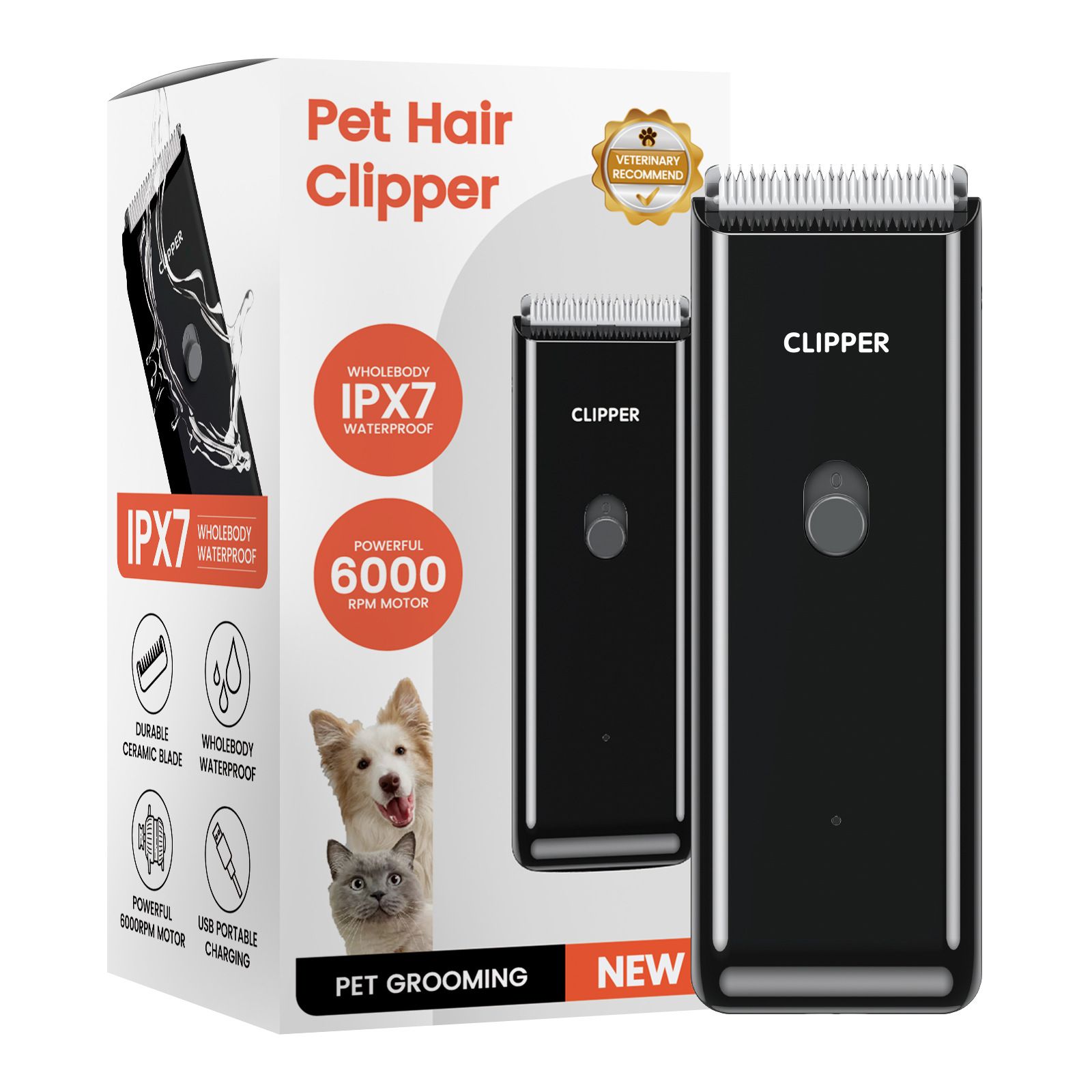 Black Portable Pet Grooming Clipper for Dogs and Cats - IPX7 Waterproof USB