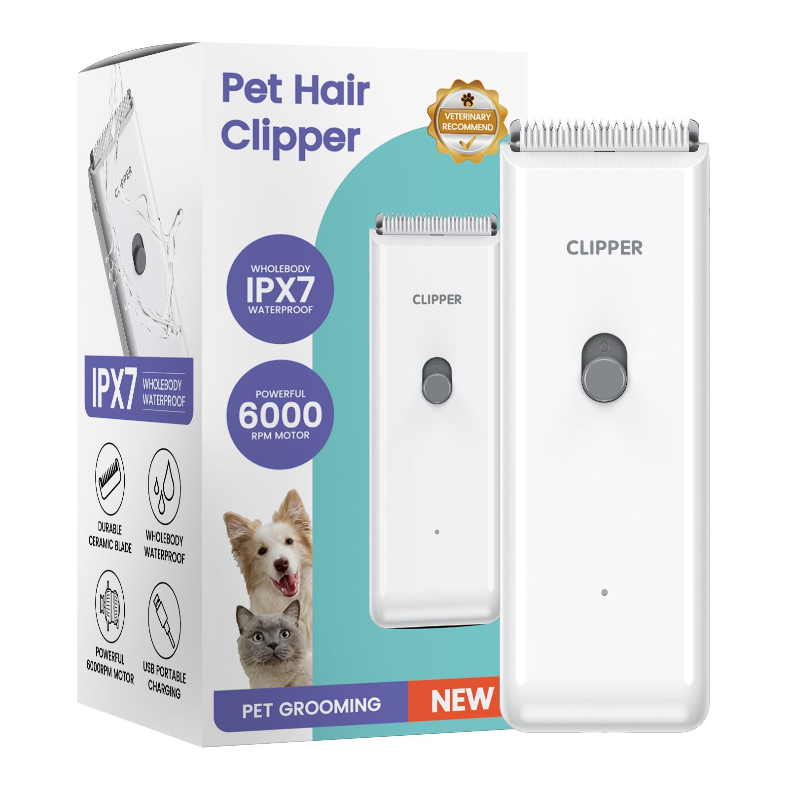 White Portable Pet Grooming Clipper for Dogs and Cats - IPX7 Waterproof USB