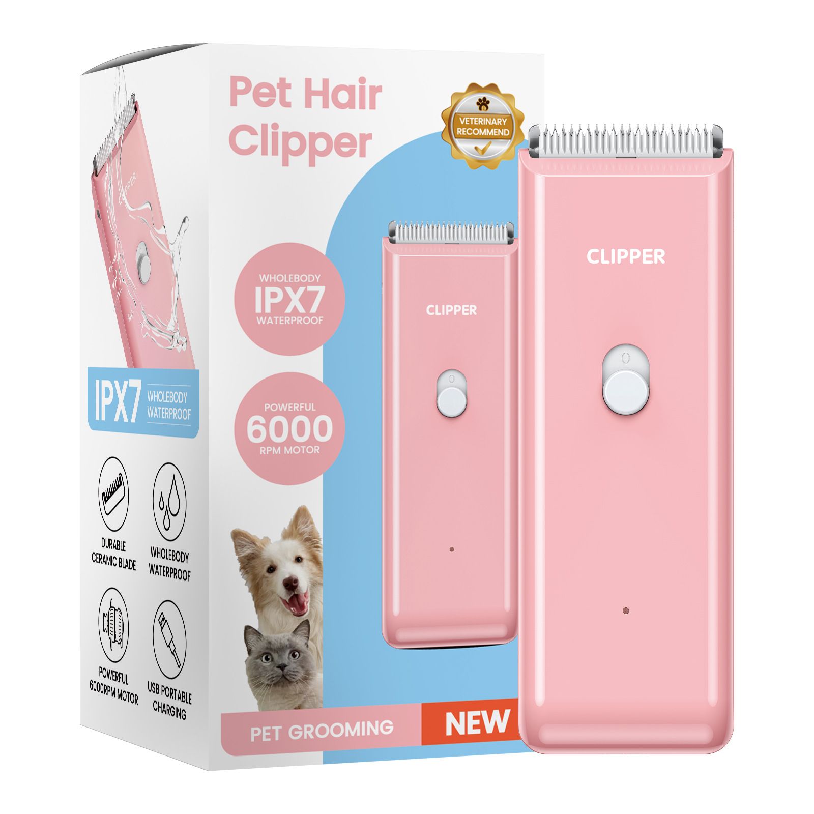 Pink Portable Pet Grooming Clipper for Dogs and Cats - IPX7 Waterproof USB
