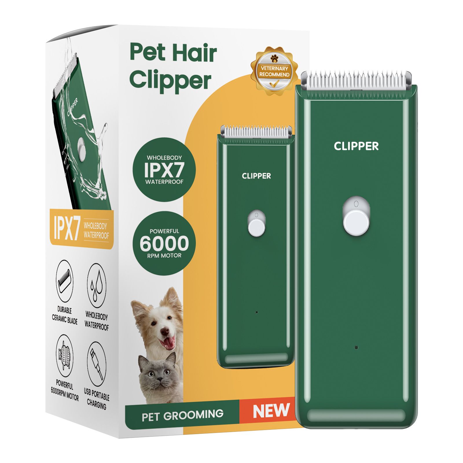 Green Portable Pet Grooming Clipper for Dogs and Cats - IPX7 Waterproof USB