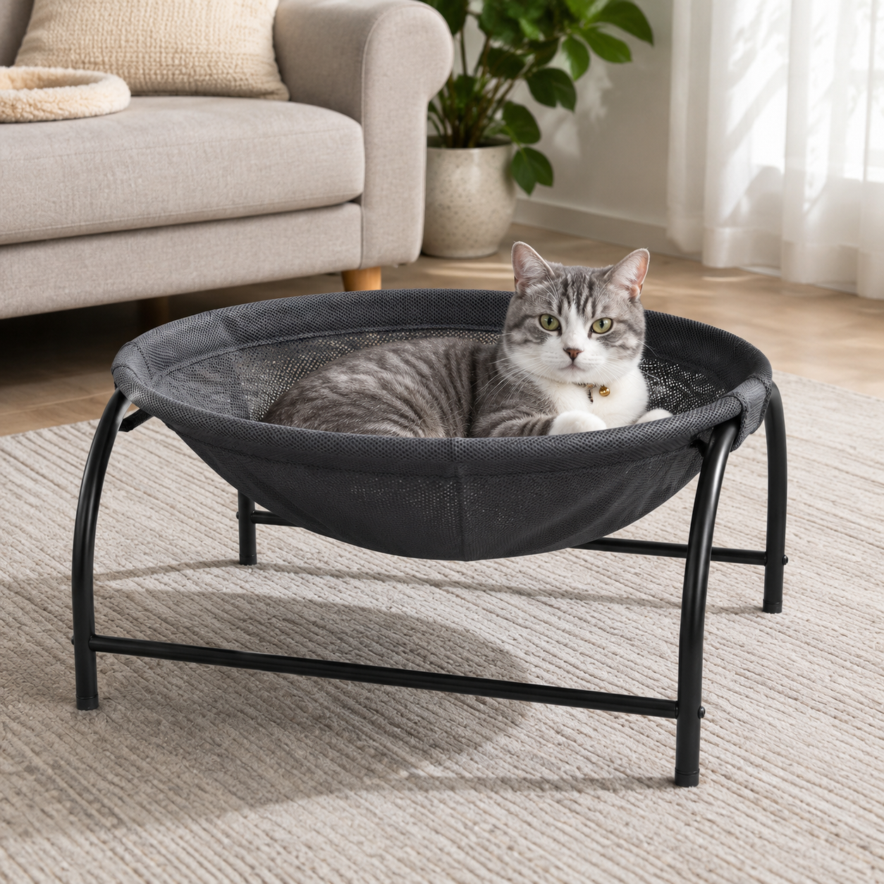 Dark Grey Elevated Cat Hammock Bed - 45 x 42 x 23 cm Reinforced Iron Frame and