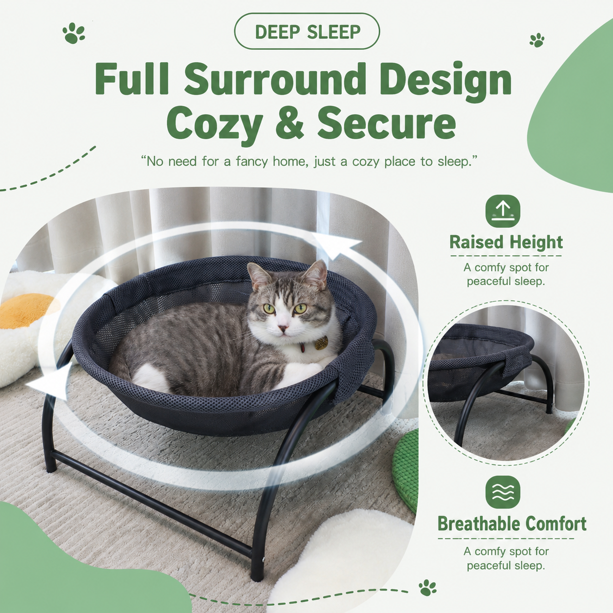 Dark Grey Elevated Cat Hammock Bed - 45 x 42 x 23 cm Reinforced Iron Frame and view 2