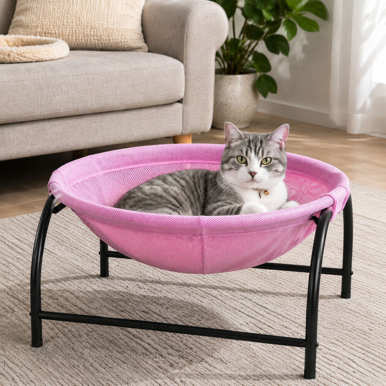 Pink Elevated Cat Hammock Bed - 45 x 42 x 23 cm Reinforced Iron Frame and
