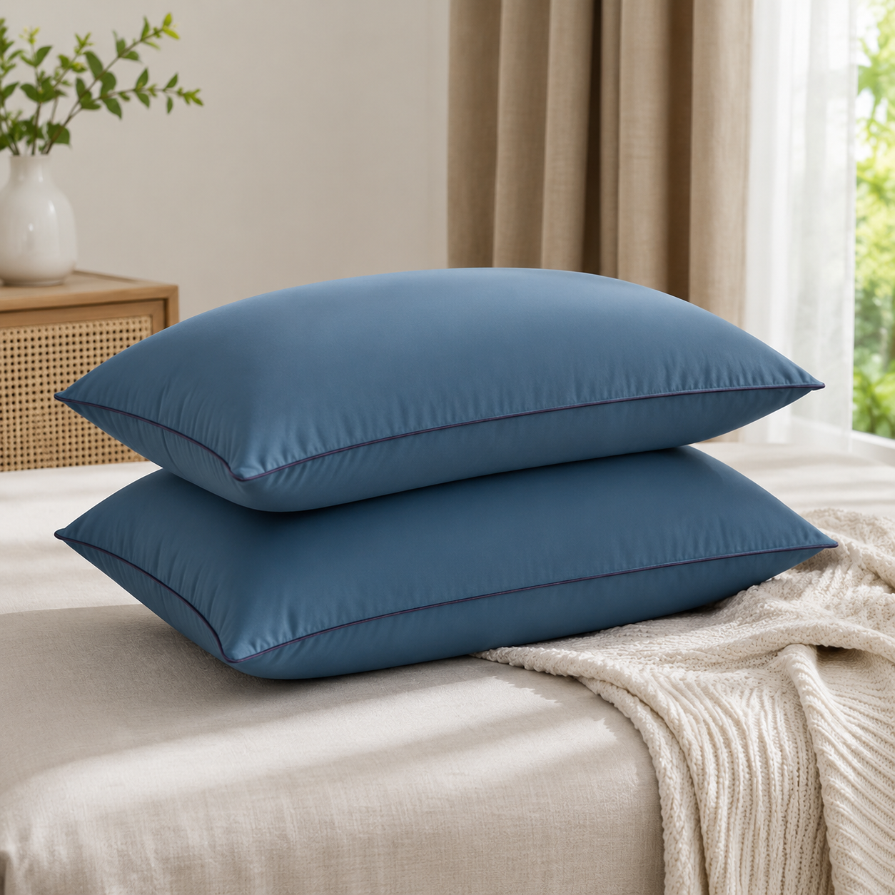 2 Pack Navy Blue Medium Bed Pillows with Washable Zip Cover Set (48 x 74 cm)