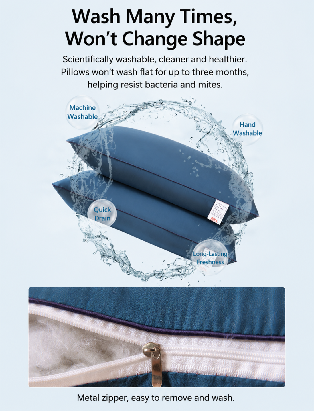 2 Pack Navy Blue Low Bed Pillows with Washable Zip Cover Set (48 x 74 cm) view 4