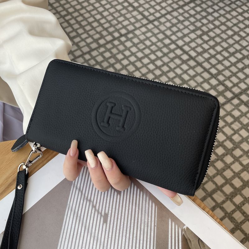 Black Women's Genuine Leather Long Wallet - Zip Closure Clutch Purse with