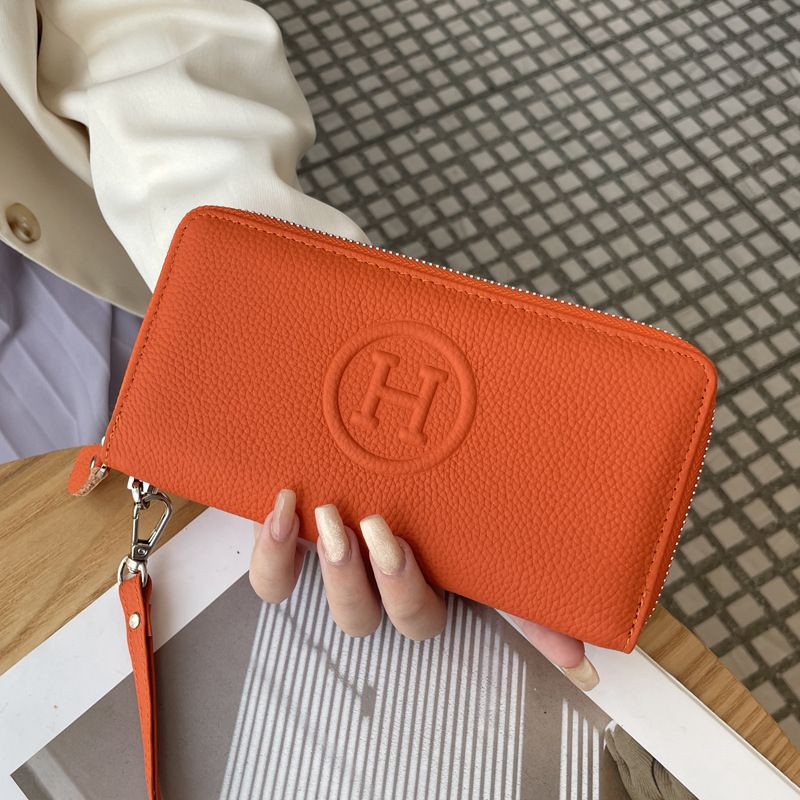 Orange Women's Genuine Leather Long Wallet - Zip Closure Clutch Purse with