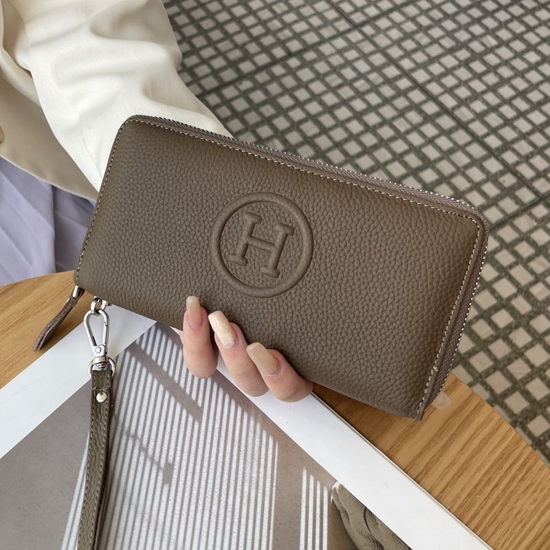 Khaki Women's Genuine Leather Long Wallet - Zip Closure Clutch Purse with