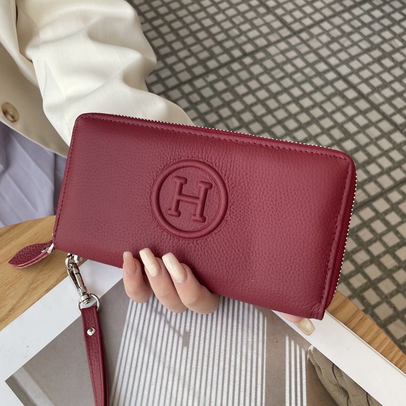 Wine Red Women's Genuine Leather Long Wallet - Zip Closure Clutch Purse with