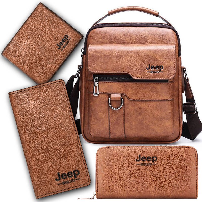 4PCS Khaki Retro Business Casual Bag Set with Soft PU Leather Messenger Bag